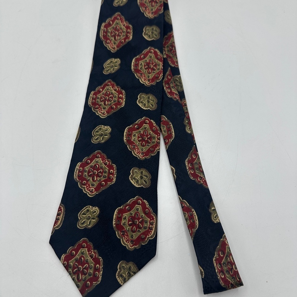 Karl Lagerfeld Silk Neck Tie Blue with Gold and Red Design 100% Silk 57”